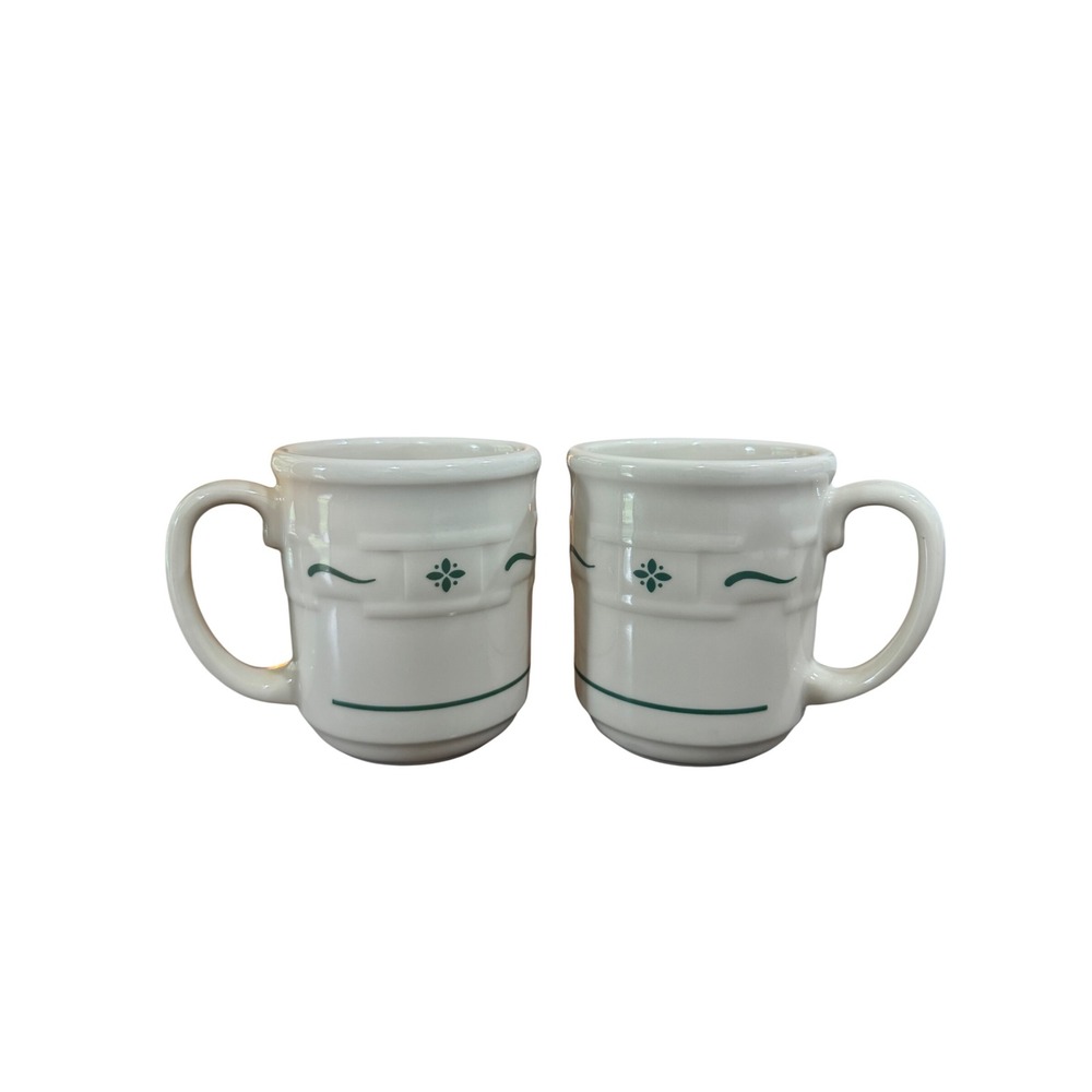 Longaberger Pottery Woven Traditions Coffee Mugs Set of 2 Ivory Green OS